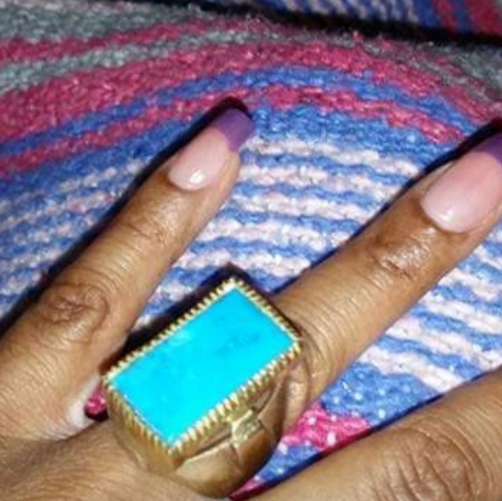Gujarati Brass blue turquoise ring, 6.5